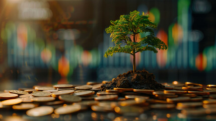 Tree growing on pile of coins. Finance and business growth concept. - obrazy, fototapety, plakaty