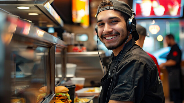 Friendly Fast Food Employee Taking Drive-Thru Orders: A Smiling Worker in Uniform with Headset Against the Backdrop of a Bright and Busy Restaurant Interior, AI Generation