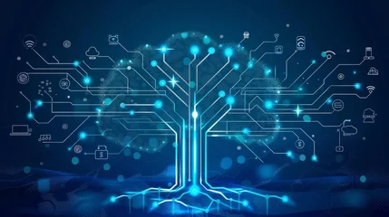 Foto op Canvas Abstract technology background with lines, circles and icons. Growth tree (circuit) concept with mobile phone, technology, laptop, cloud computing, usb, pad and router icons. Vector illustration.  © Emil