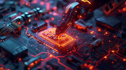 Smart industry robot arms modernization for innovative factory technology . Concept of automation manufacturing process of Industry 4.0 or 4th industrial revolution and IOT software control operation.