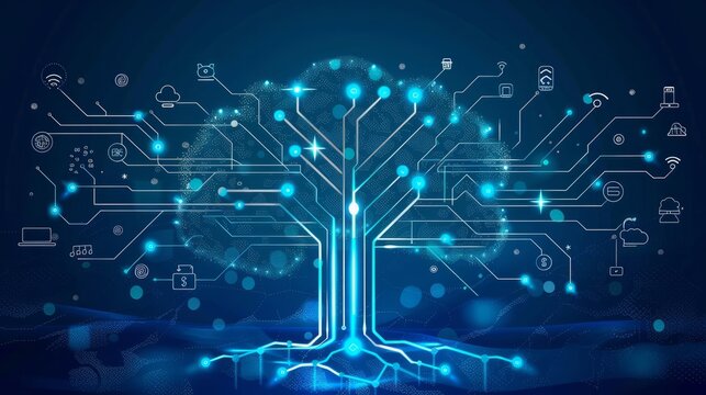 Abstract technology background with lines, circles and icons. Growth tree (circuit) concept with mobile phone, technology, laptop, cloud computing, usb, pad and router icons. Vector illustration. 