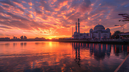 mosque on the riverbank at sunset. Islamic Background
