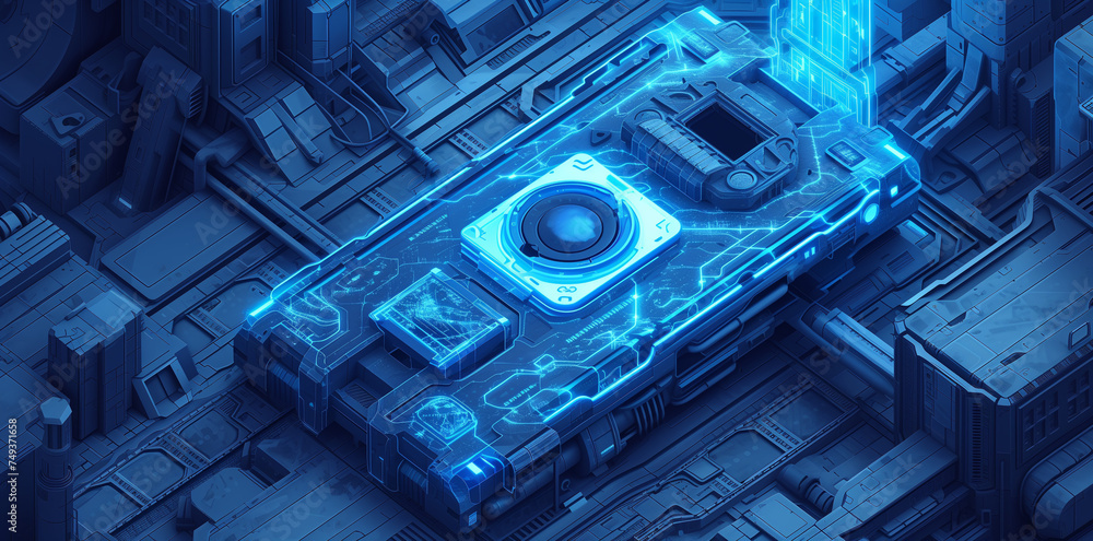Poster computer motherboard and processor unit fan rotating and cooling system, close up photo with blue li