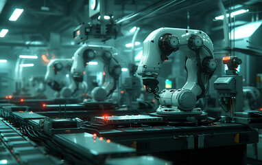 Obraz premium Smart industry robot arms modernization for innovative factory technology . Concept of automation manufacturing process of Industry 4.0 or 4th industrial revolution and IOT software control operation.