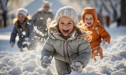 Fototapeta na wymiar Children Playing Snowball Fight