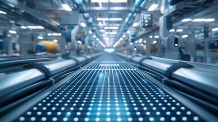 Production line of the solar cell factory. Modern automated production line. - obrazy, fototapety, plakaty
