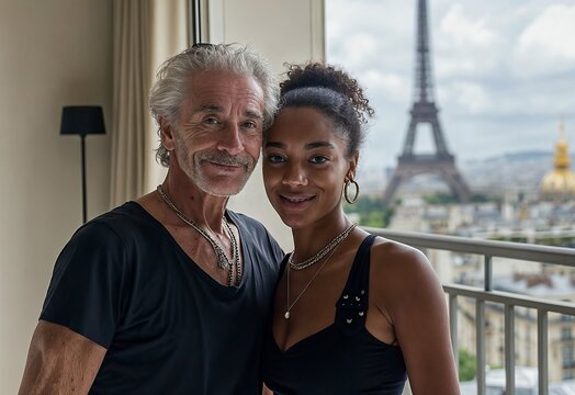 An older man and a younger woman stand together, smiling, with the Eiffel Tower visible in the background through a window. The scene is warm and affectionate, set in a cozy, modern apartment.