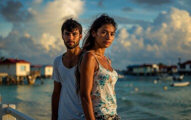 A couple stands near the water during sunset, with overwater bungalows in the background. They look contemplative and serene, enjoying the tropical and picturesque setting.