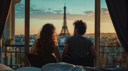 A couple sits together on a bed, gazing at the Eiffel Tower through a large window at sunset. The scene is romantic and intimate, with warm, golden light filling the room.