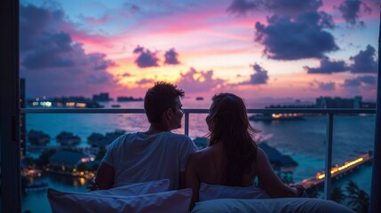 A couple sits together on a balcony, watching a stunning sunset over the ocean. The sky is painted with vibrant colors, and overwater bungalows can be seen in the background.
