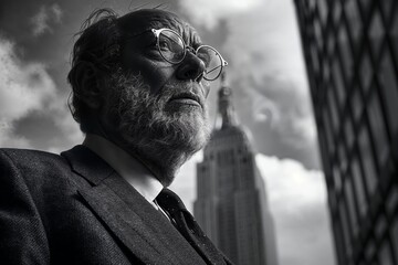 A black and white photo of an older man with glasses and a beard, looking upwards with a serious expression. He is in an urban setting with tall buildings and a cloudy sky.