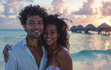 A happy couple embraces on the beach during sunset, with overwater bungalows in the background. They are smiling and enjoying the beautiful, serene tropical setting