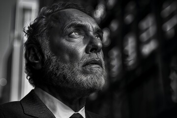 A black and white photo of an older man with a beard, looking upwards with a thoughtful expression. He wears a suit and stands in an urban setting with buildings in the background.