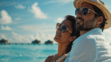 A couple, wearing sunglasses and light summer clothing, enjoys a sunny day by the turquoise sea. The man wears a hat and the background shows overwater bungalows under a clear blue sky.