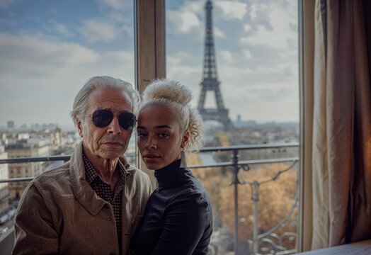 An older man in sunglasses and a young woman stand together by a window with a view of the Eiffel Tower. The scene is elegant and intimate, set in a Parisian backdrop