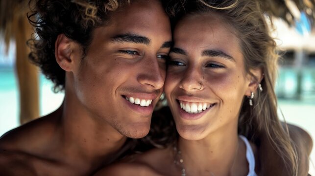 A smiling couple embraces closely under a thatched roof, enjoying a sunny day. They both look joyful and relaxed, with a turquoise sea visible in the background.