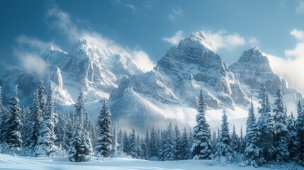 Temperate Boreal forest, taiga, winter ,snow forest on the mountain scene of hill, Pine forest, fog, layers of hills, biome taiga landscape of Featured plants ,Fir, Spruce, hemlock, latch,Wide angle