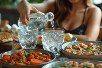 Beautiful woman is pouring water into a glass at a restaurant