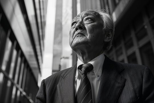 A black and white photograph of an older man standing in an urban environment. The man has a contemplative or thoughtful expression on his face.
