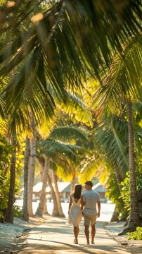 A man and a woman walking hand in hand along a path that is lined with tall palm trees. The path appears to be a sandy or dirt road, suggesting a tropical or beachside location.