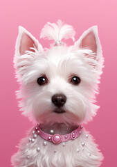 portrait of a westie on a pink background contains pieces of paper сreated with Generative Ai