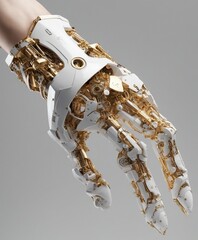 Robotic hand with gold and white accents