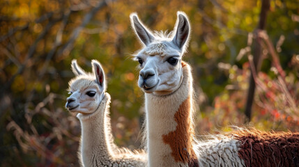 Two llamas, an adult and a juvenile, stand together amidst lush vegetation.