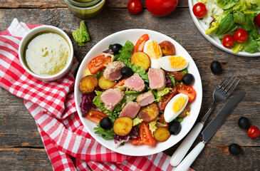 Traditional French tuna salad. Nicoise salad. Top view