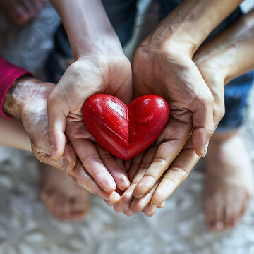 Hands of a multi-generational family holding a red heart together from above against a white background, symbolizing unity and love for World Health Day, AI Generation