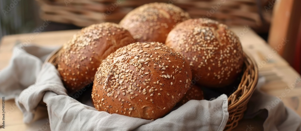 Poster a basket filled with homemade whole wheat and grain bread sits prominently on top of a rustic wooden
