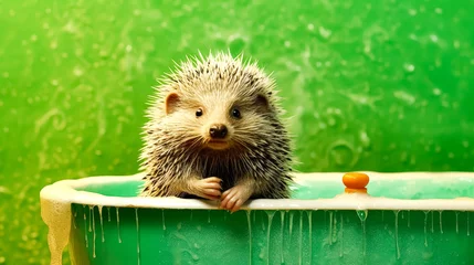 Foto op Canvas The hedgehog in the bathtub against the green background © Алла Морозова