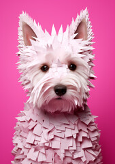 portrait of a westie on a pink background contains pieces of paper сreated with Generative Ai