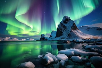 Glistening icebergs under midnight sun with aurora borealis backdrop