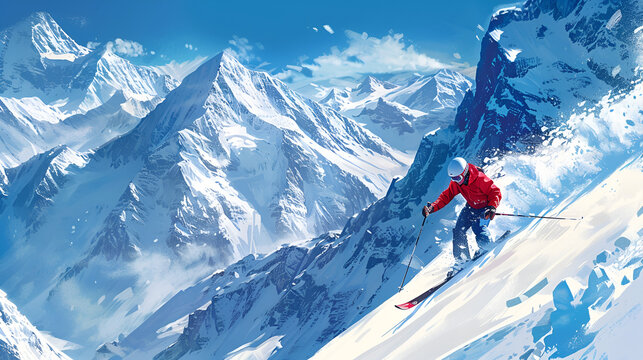 Pos skier orange blue jacket skiing down snowy mountain icon clothes soaring listing computer, generative ai
