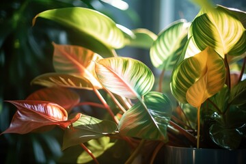 Glossy leaves of a houseplant with soft backlight