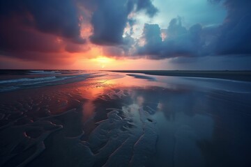 Glossy wet beach sand at twilight