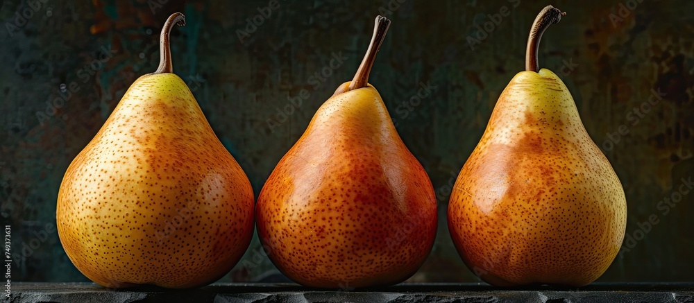 Poster three pyramid-shaped, juicy pears are positioned neatly on top of a wooden table, creating a simple 