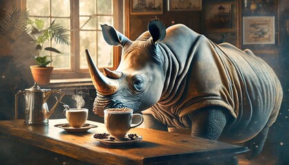 rhino in a cafe - obrazy, fototapety, plakaty