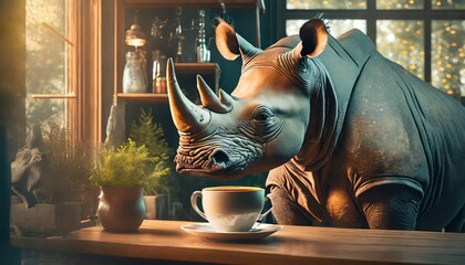 rhino in a cafe