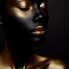 Beautiful black woman with gold skin on black background. 
