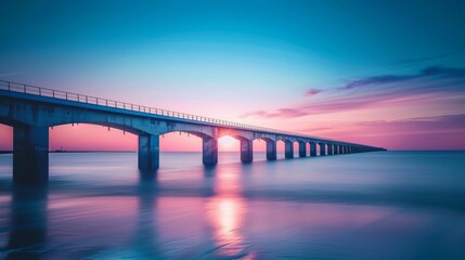 Aerial view of panorama: large infrastructure bridge over the sea, long bridge, blue colors, sunset,