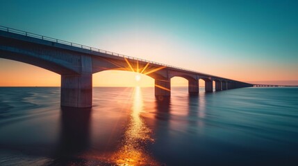 Fototapeta na wymiar Aerial view of panorama: large infrastructure bridge over the sea, long bridge, blue colors, sunset,