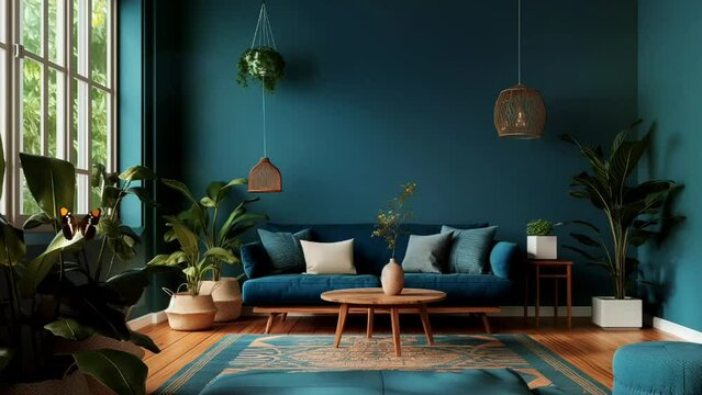 Modern living room interior with sofa and chairs blue wall, looping video animation