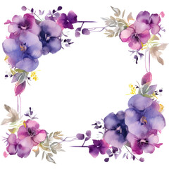 A watercolor frame filled with vibrant purple flowers like orchids, violets, and pansies,