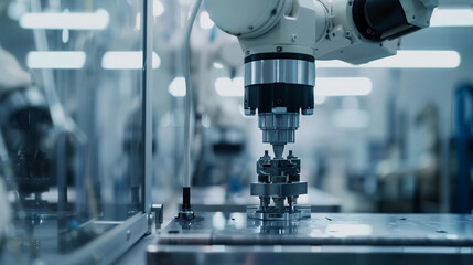 Fototapeta premium modern AI robotic arm working in a factory, advanced futuristic artificial intelligence technology, AI automation replacing humans concept