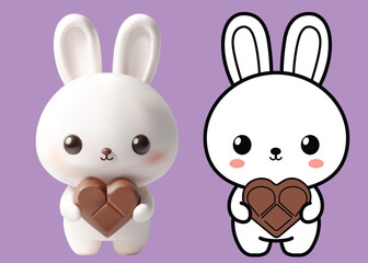 White bunny cartoon character 3D easter theme hand holding a vibrant color egg