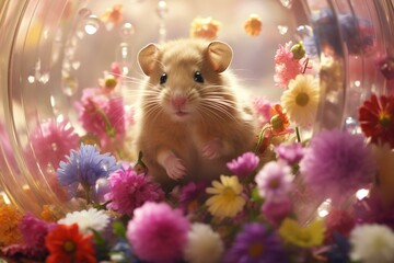 Hamster in a ball surrounded by a ring of flowers