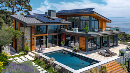 Fototapeta na wymiar Modern villa with pool, vibrant colors exclusive real estate house, generative ai