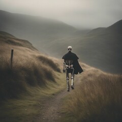 Skeleton man going on an adventure in the foggy hills of Ireland wearing a cape