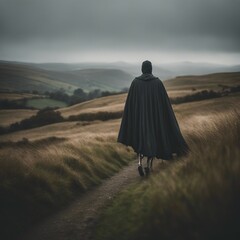 Skeleton man going on an adventure in the foggy hills of Ireland wearing a cape